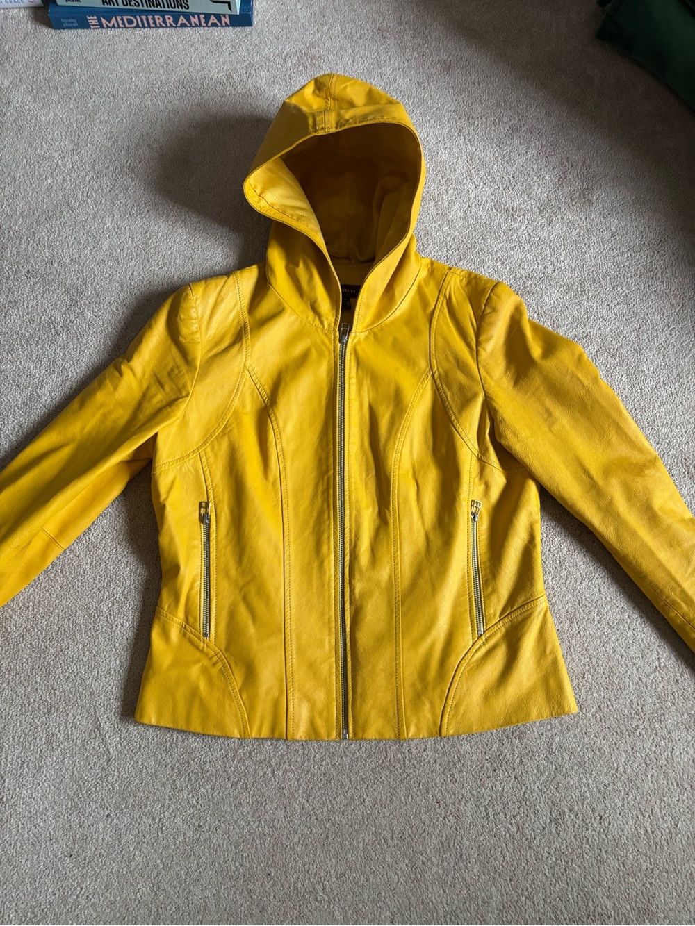 Danier Mustard Yellow Genuine Leather Hooded Jacket Size Large